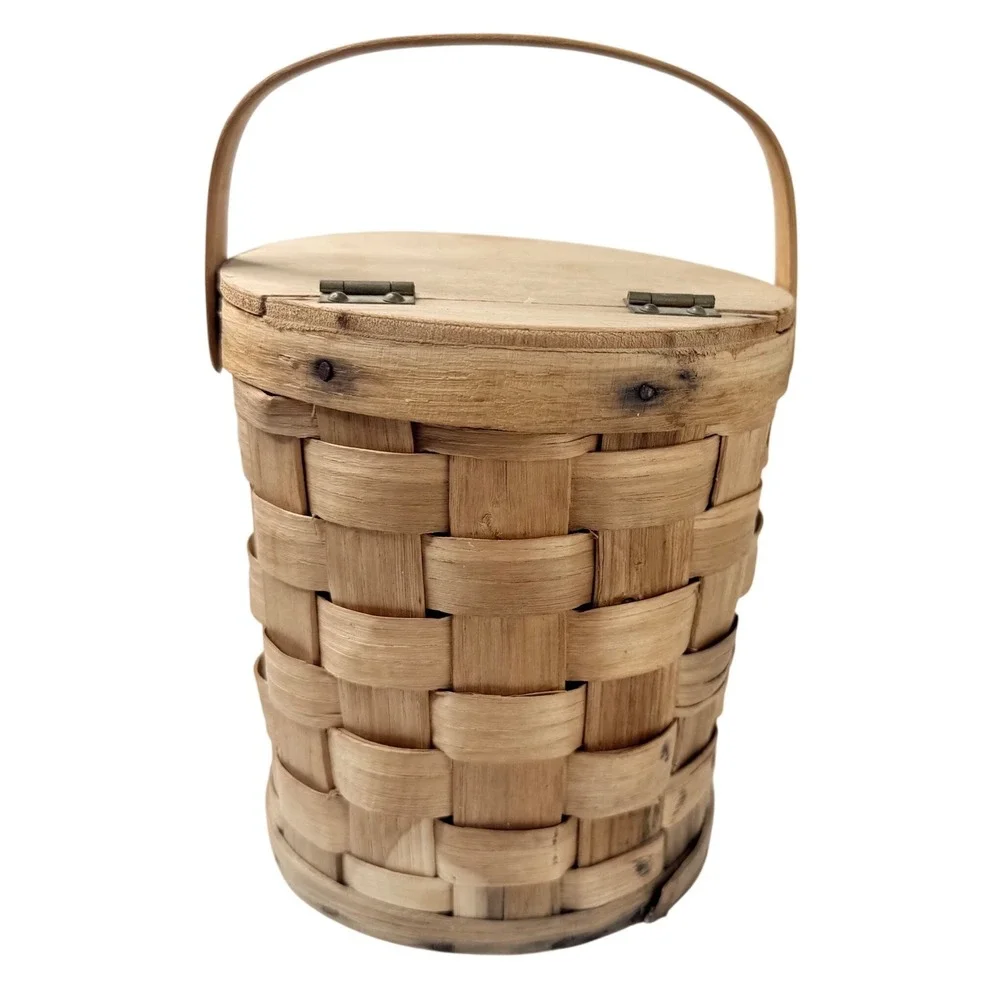 Handmade Lidded Woven Wood Basket Swing Handle Primitive Farmhouse Decor  5.5